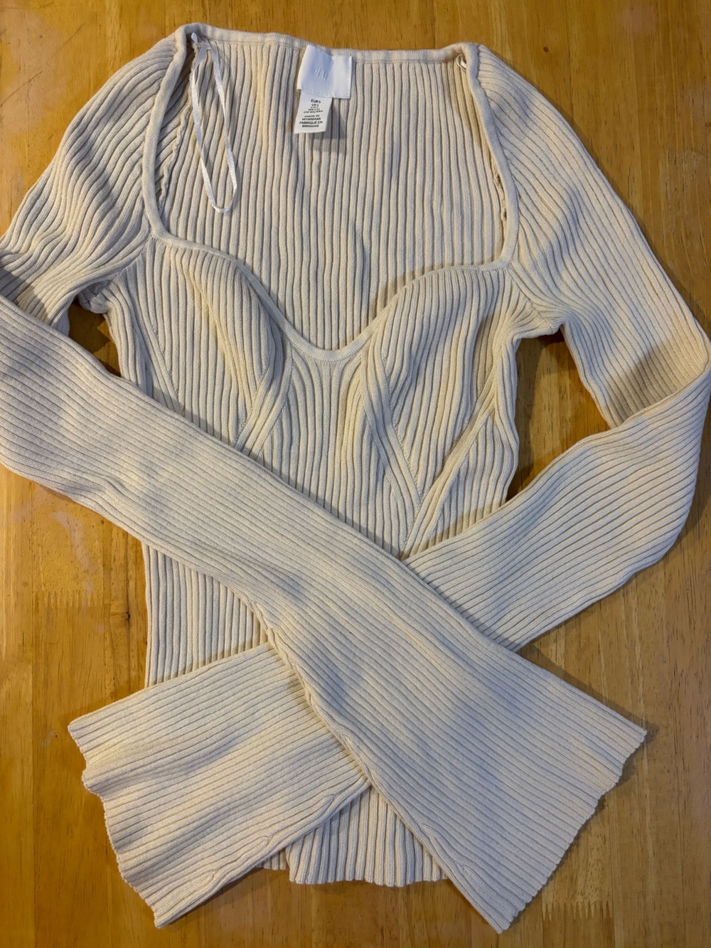 H&M Ribbed Square-Neck Long Sleeve Top - Beige